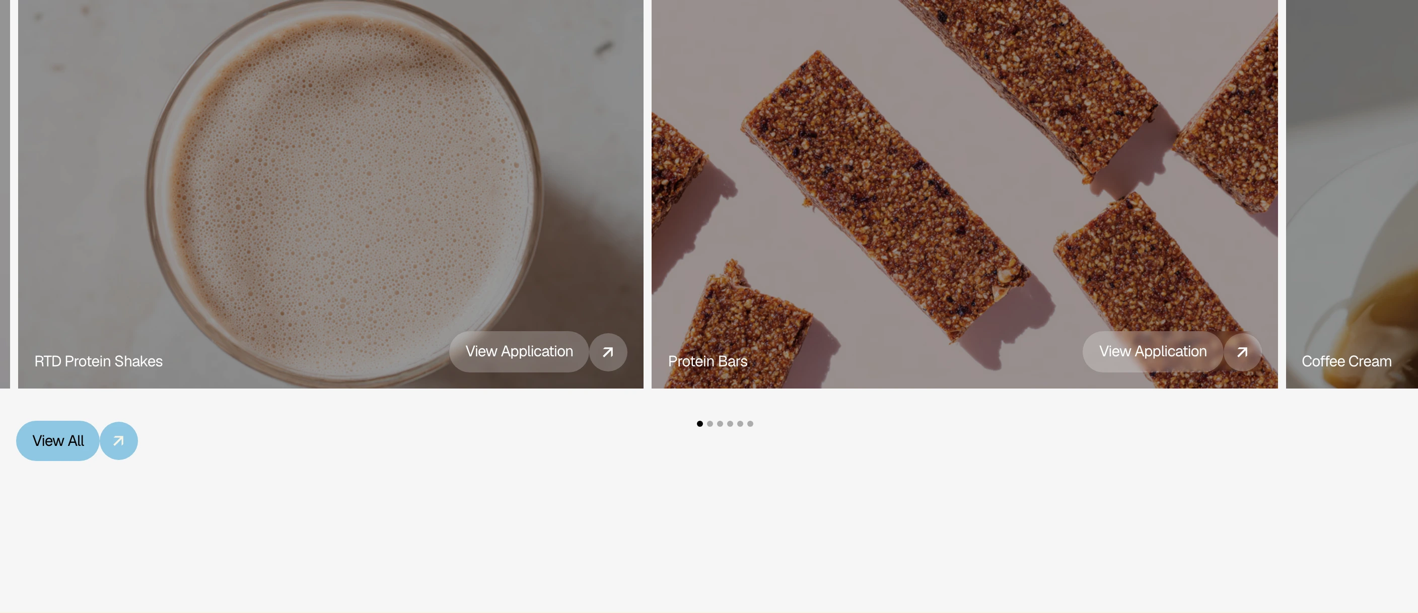A clean, warm product showcase slider pairing rich overhead food photography with translucent floating action pills.