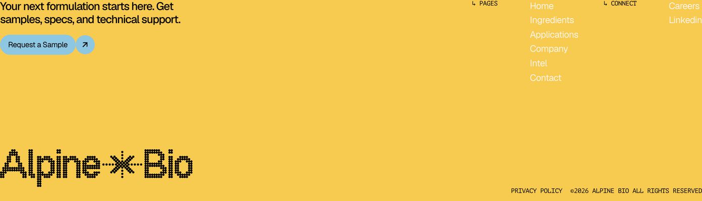 A vibrant warm yellow footer combining clean CTA copy and navigation columns with a distinctive bitmap logo mark.