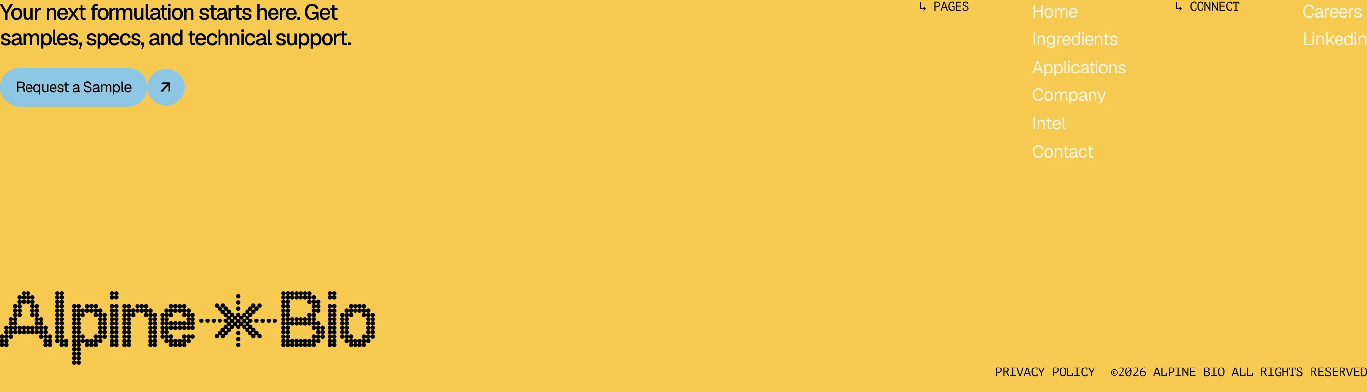 A vibrant warm yellow footer combining clean CTA copy and navigation columns with a distinctive bitmap logo mark.