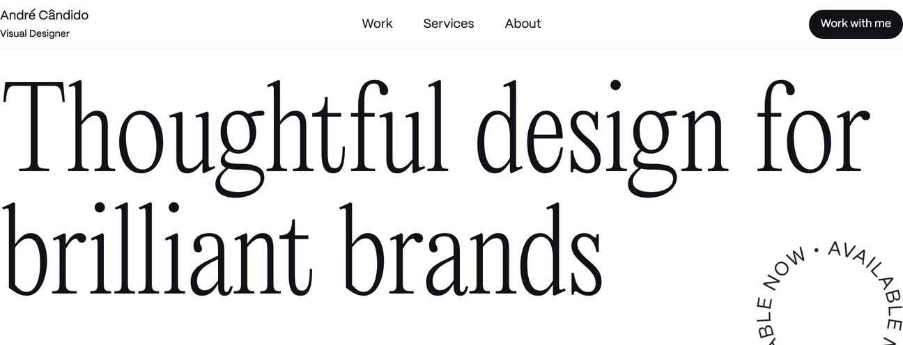 An airy, high-contrast editorial hero dominated by an oversized, refined serif headline and minimal monochromatic styling.