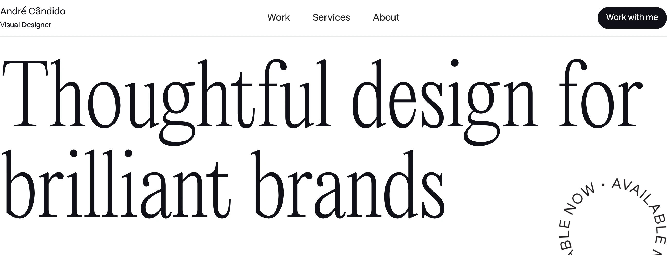 An airy, high-contrast editorial hero dominated by an oversized, refined serif headline and minimal monochromatic styling.