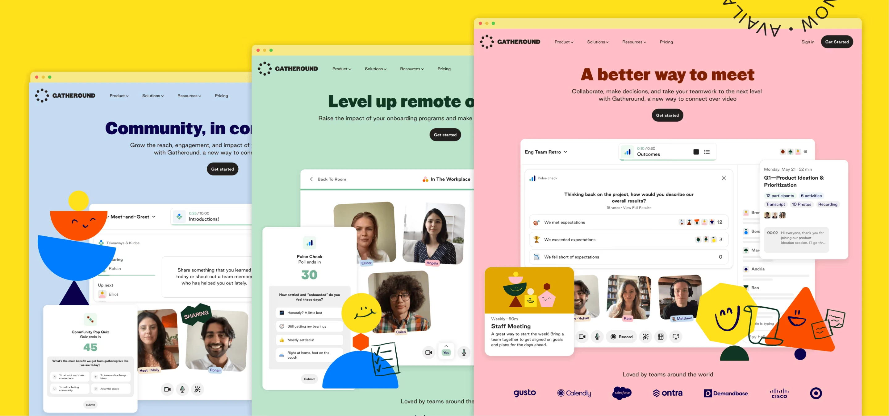 Cascading browser mockups display vibrant, playful SaaS landing page designs across warm pastel color schemes.