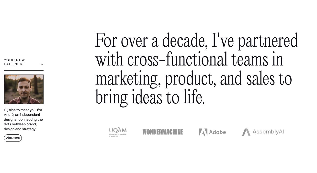 Minimalist designer statement pairing a prominent condensed serif headline with an intimate sidebar bio card and partner logo bar.