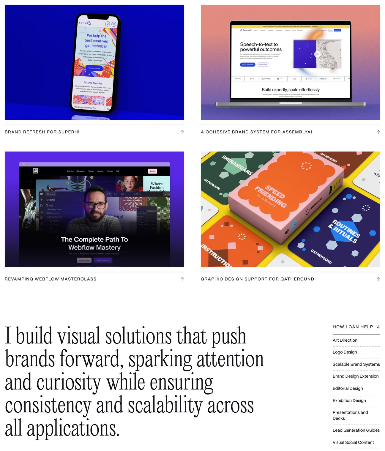 Refined designer portfolio pairing a balanced project grid with a condensed serif statement and structured service index.