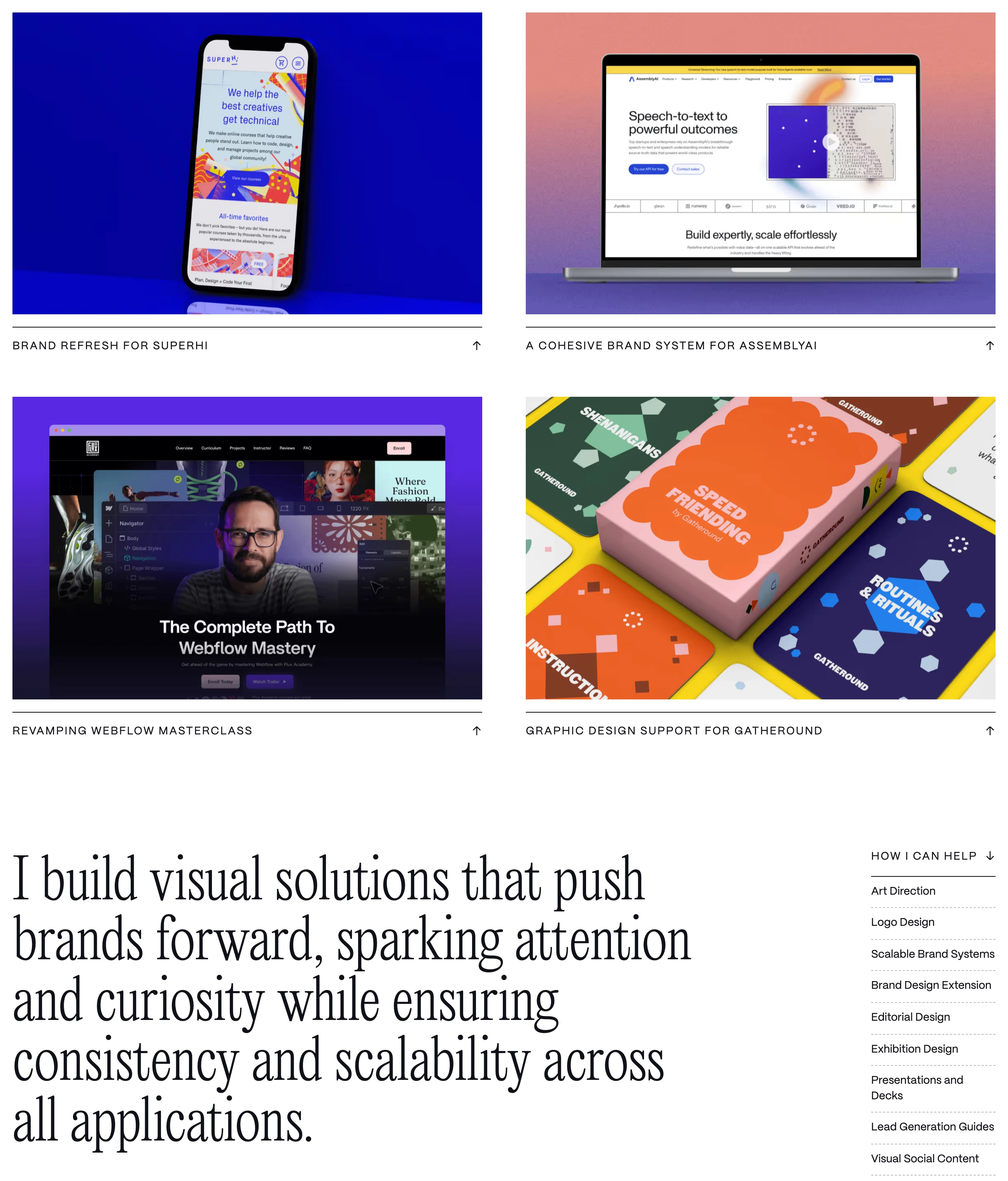 Refined designer portfolio pairing a balanced project grid with a condensed serif statement and structured service index.