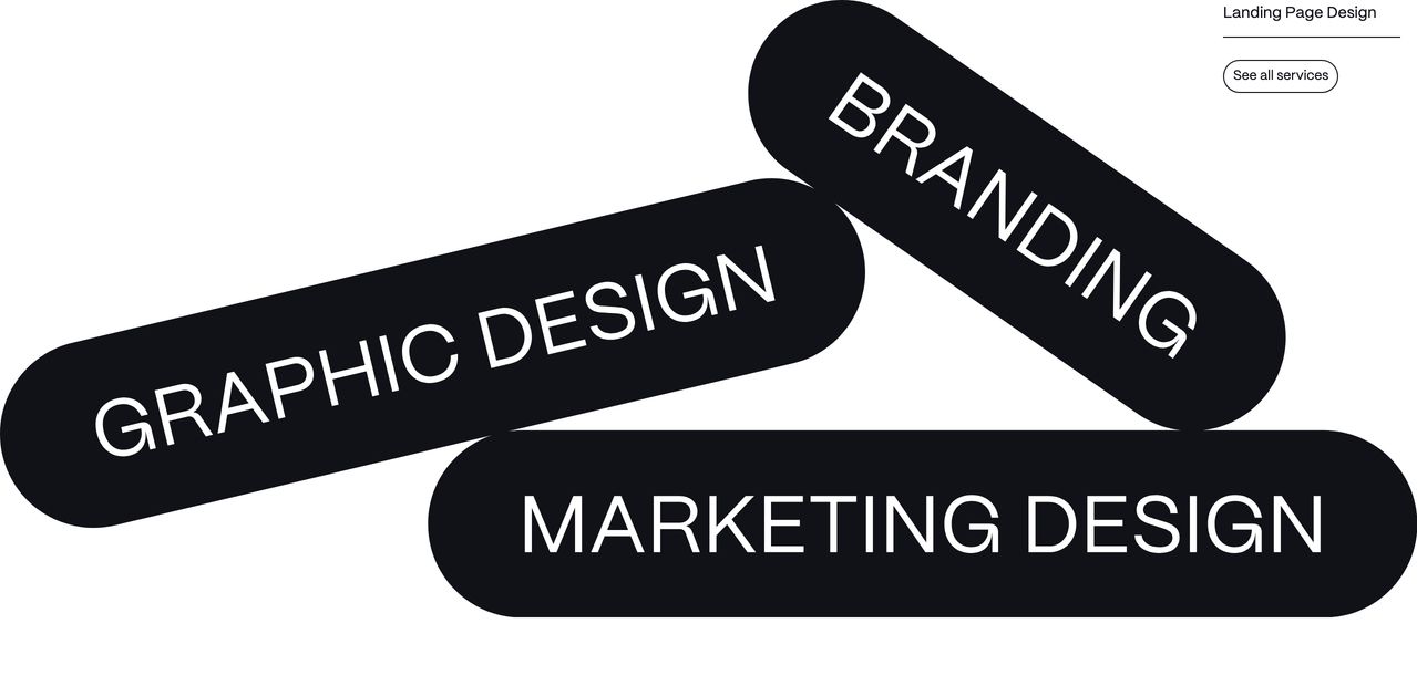 Playful graphic composition of oversized angled black capsules displaying agency services in bold, stark typography against a white canvas.