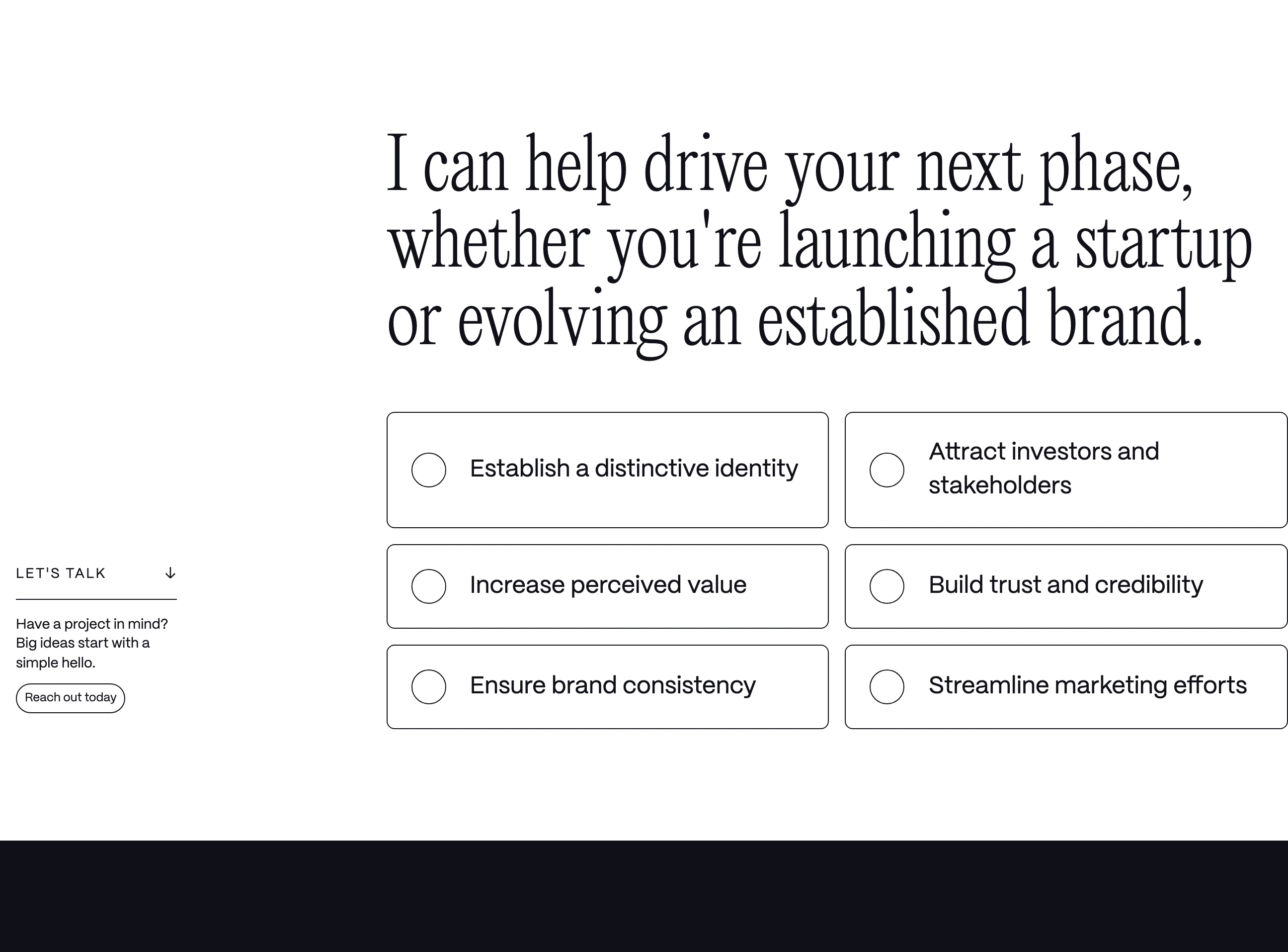 Airy editorial statement and value grid balancing refined serif type with minimalist outlined selection cards.
