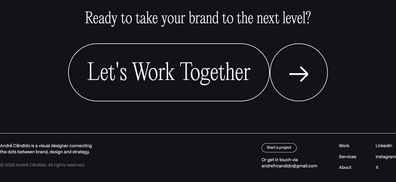 A dark, refined portfolio footer featuring a bold serif call-to-action framed in an elongated pill container.