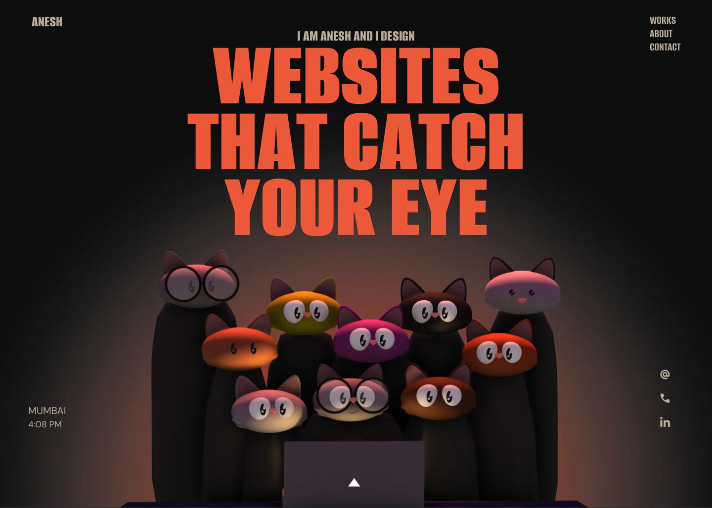 A dramatic, dark portfolio hero featuring oversized vibrant typography paired with quirky 3D cat characters peering from behind a glowing laptop.