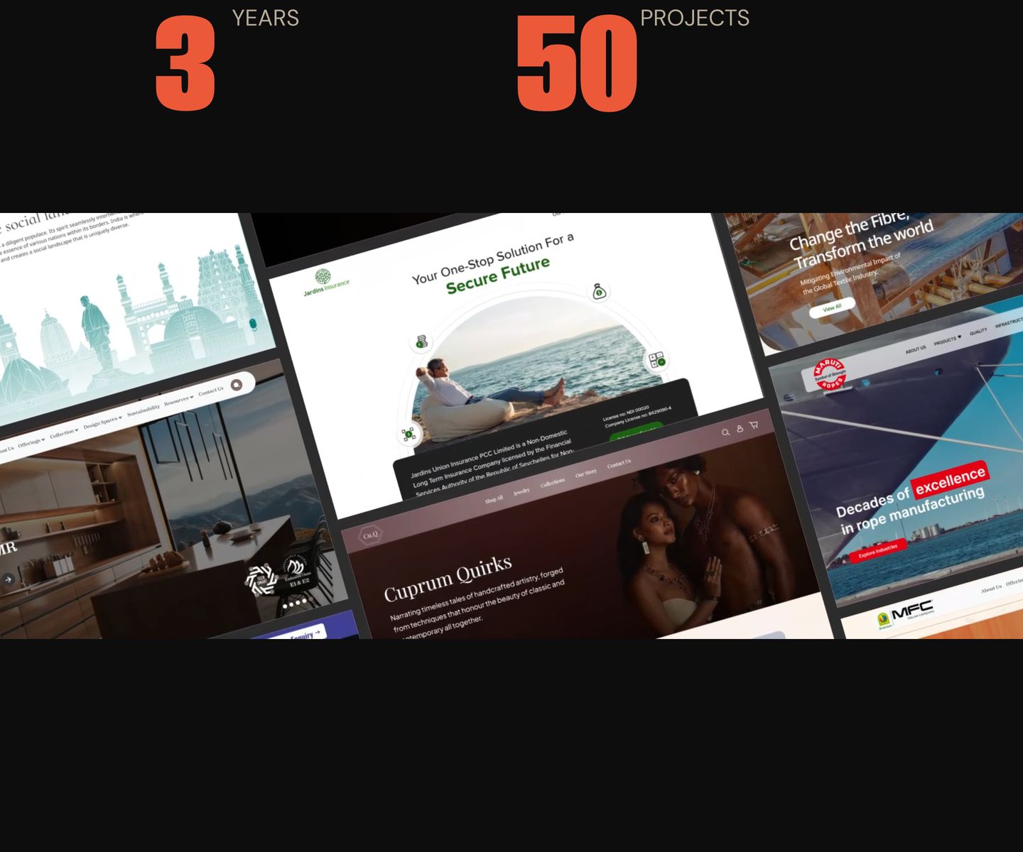Bold, high-contrast agency stats section anchored by massive orange condensed numbers above a dynamic, tilted portfolio showcase.