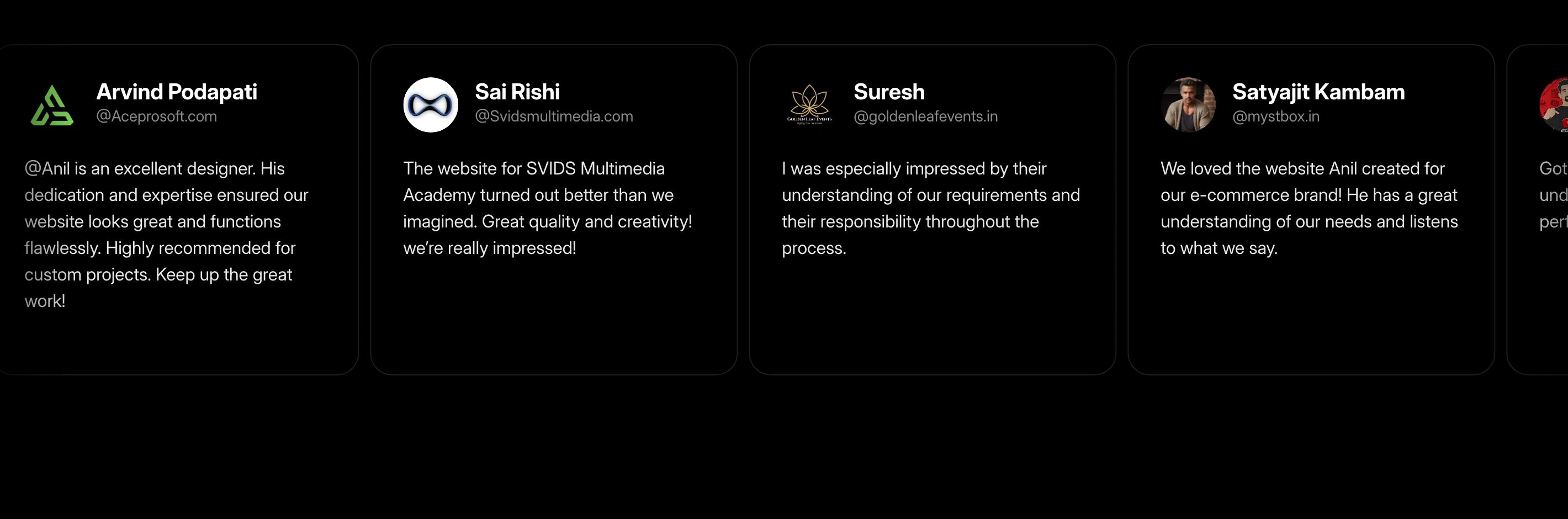 Clean dark-mode horizontal strip of customer testimonial cards with subtle borders and avatars.