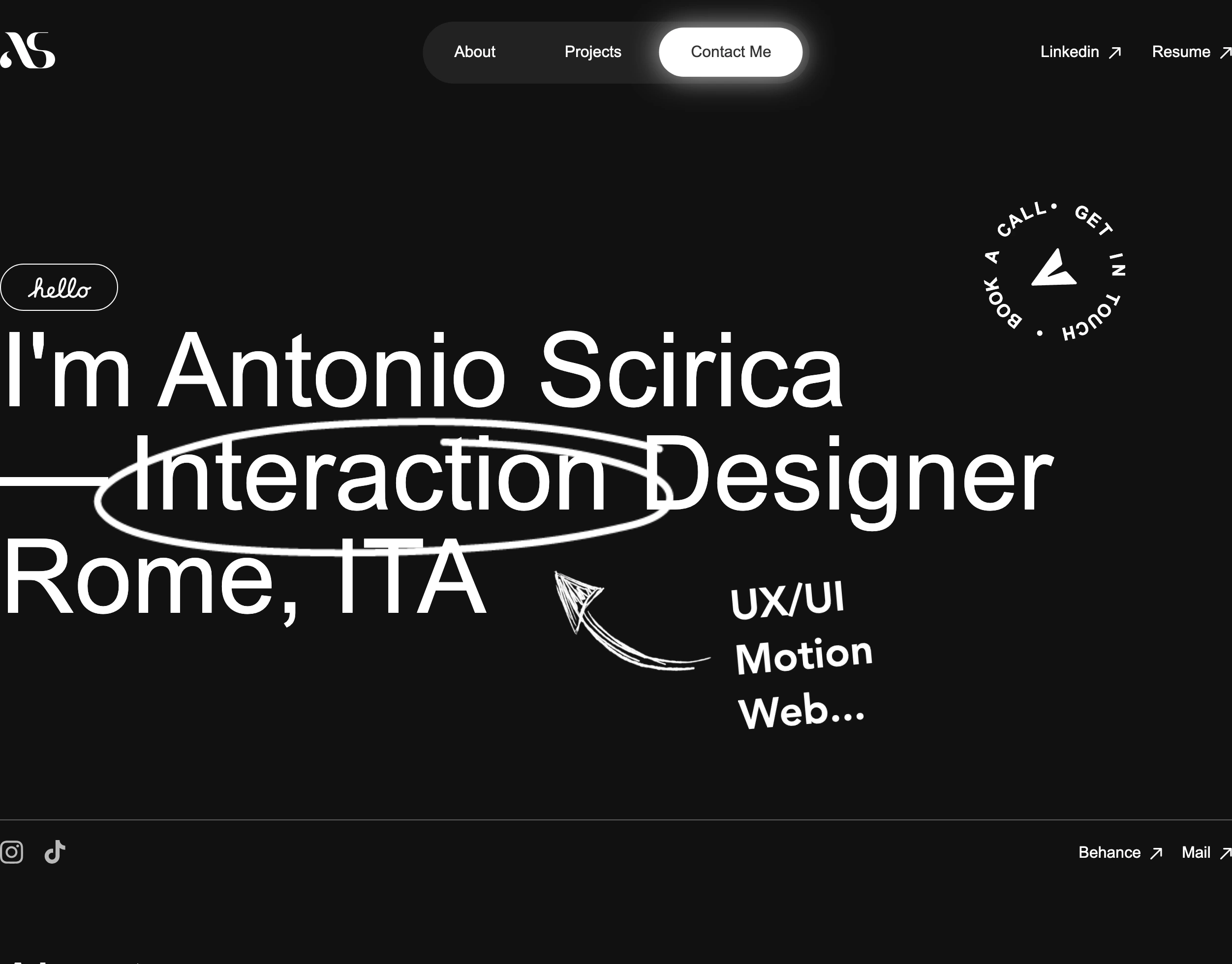 A punchy dark portfolio hero combining oversized bold typography with hand-drawn annotations and an illuminated floating pill nav.