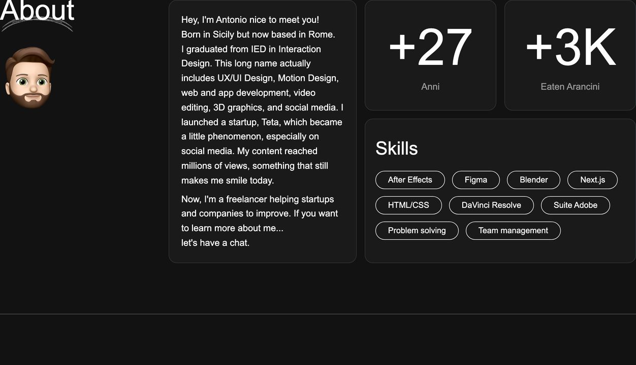 A friendly dark-mode personal bio section pairing conversational copy and a 3D avatar with bento-style stat cards and pill tags.