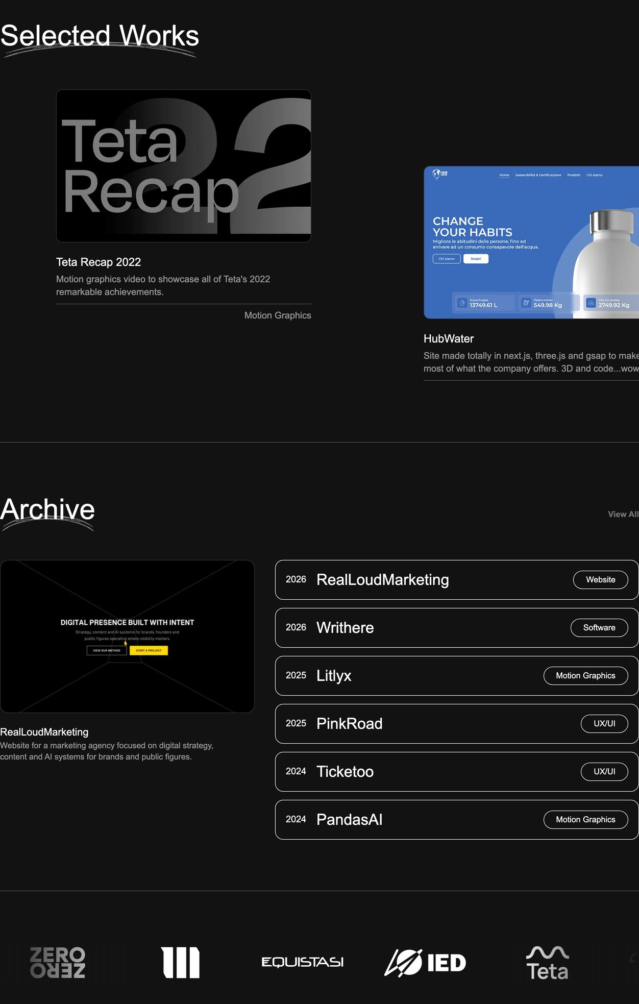 Dark, restrained designer portfolio showcase balancing oversized case study previews with a structured tabular project archive.