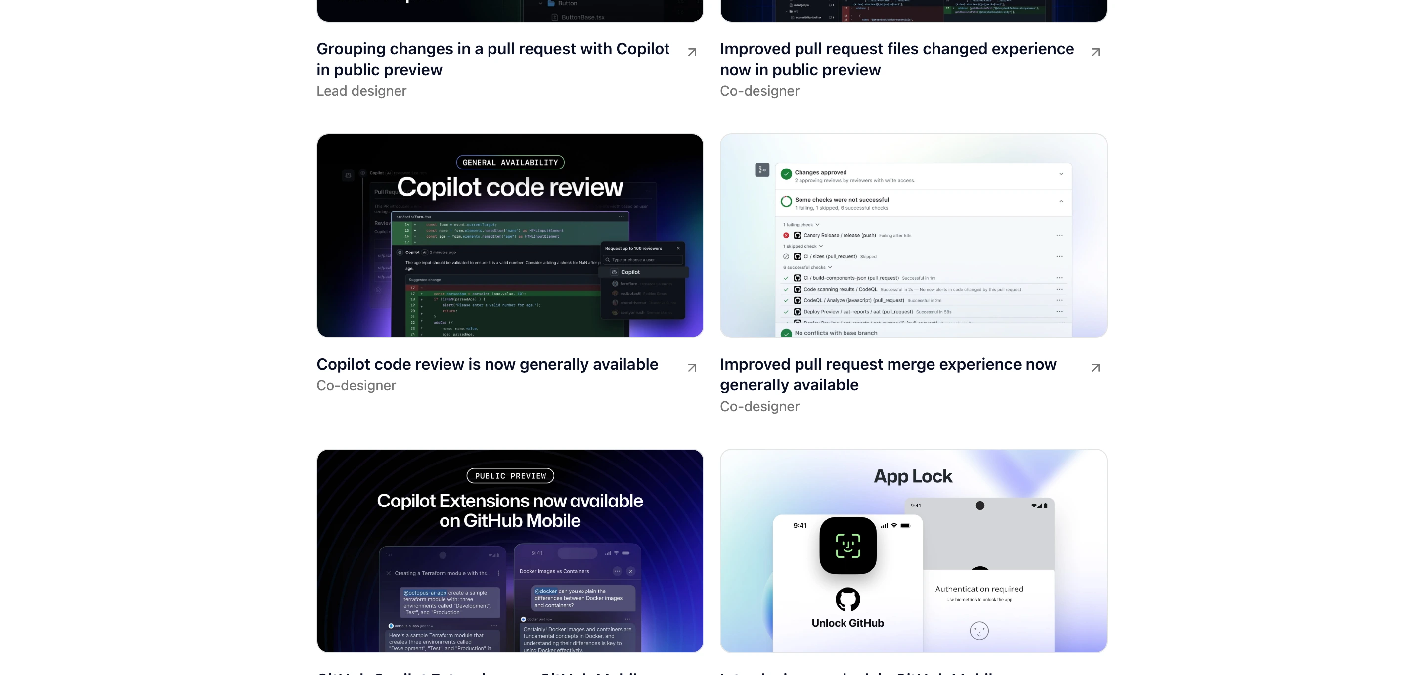 Clean, utilitarian portfolio grid displaying developer tool release highlights and UI screenshots in structured cards.