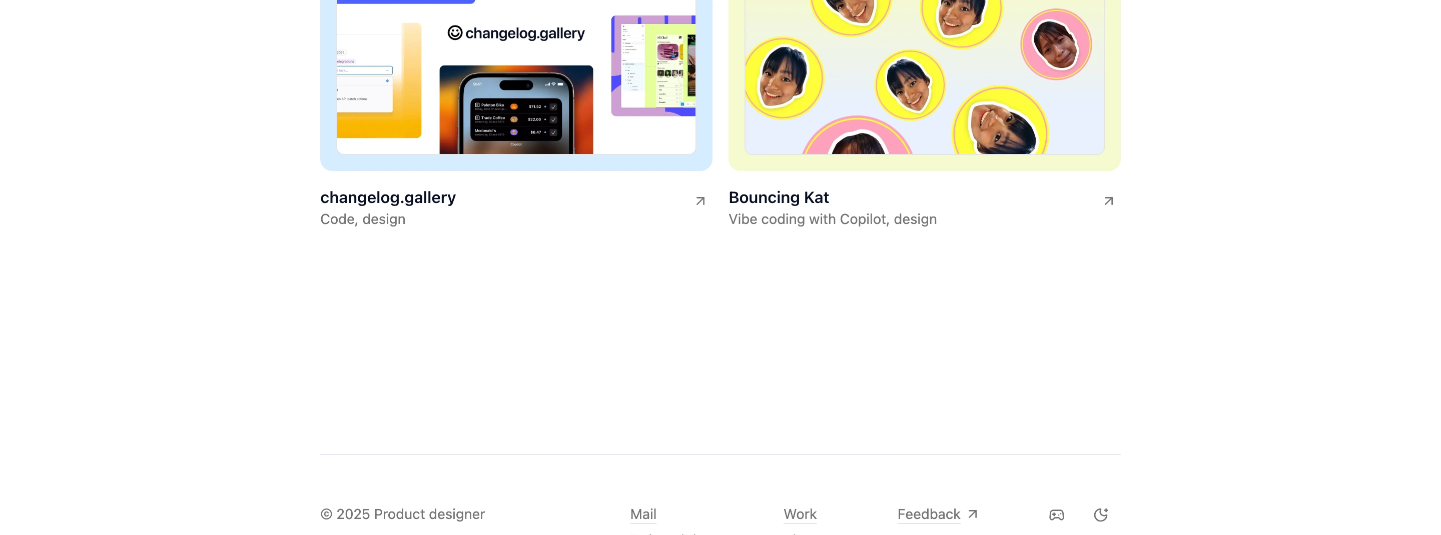Clean, airy portfolio cards paired with colorful preview containers and an ultra-minimal footer bar.