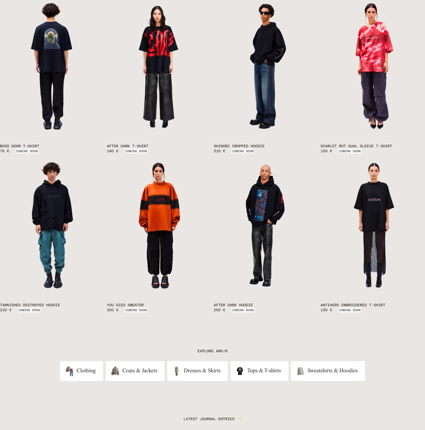 Stark streetwear catalog displaying full-body model cutouts directly against a warm paper background with crisp monospaced captions.