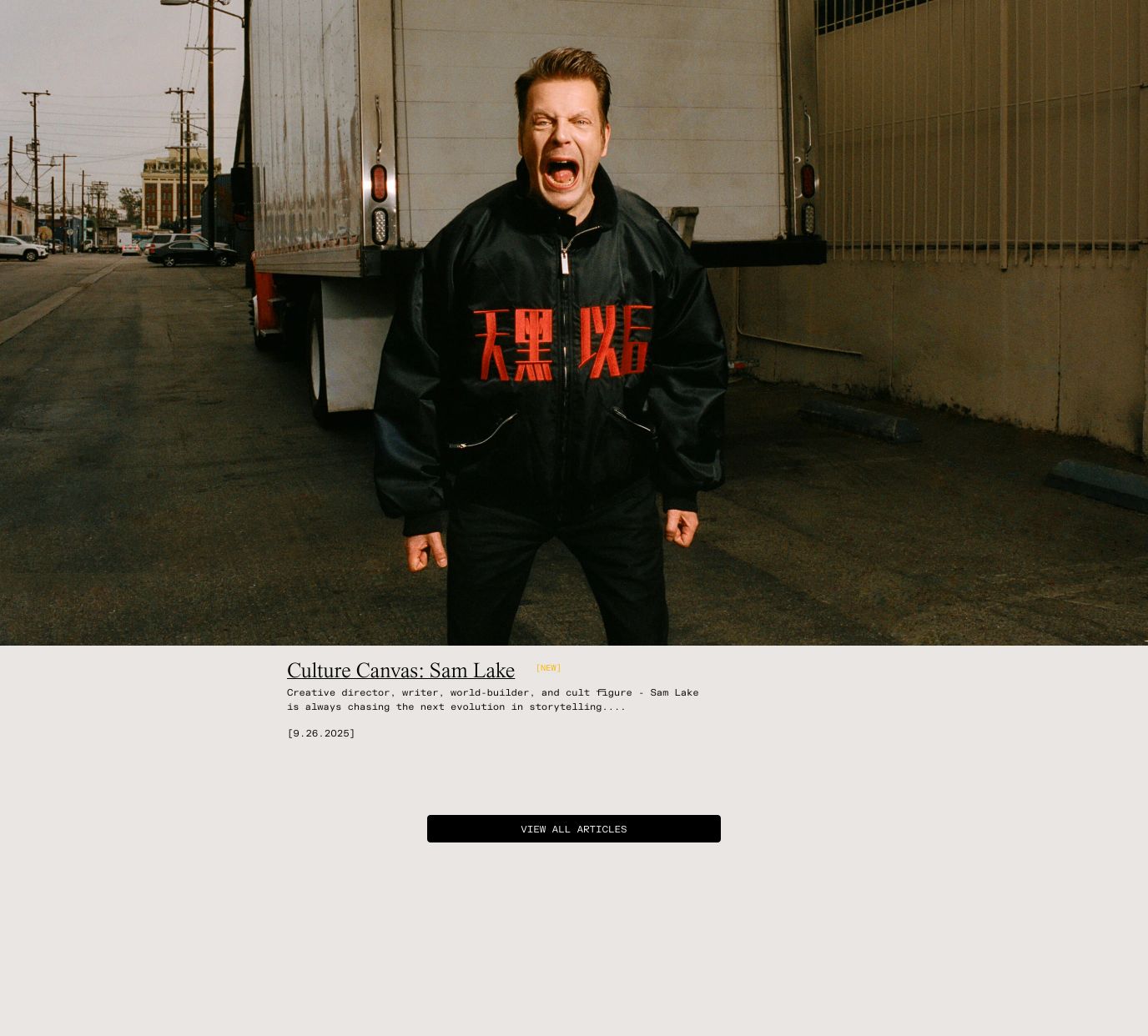 Minimalist editorial feature pairing candid portrait photography with understated serif and monospaced typography on a warm stone backdrop.