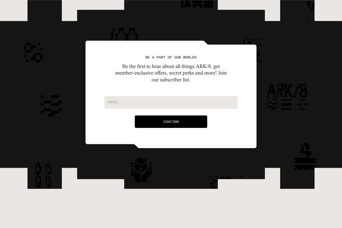 A floating notched newsletter card sits against a stark black frame textured with pixelated cybernetic glyphs.