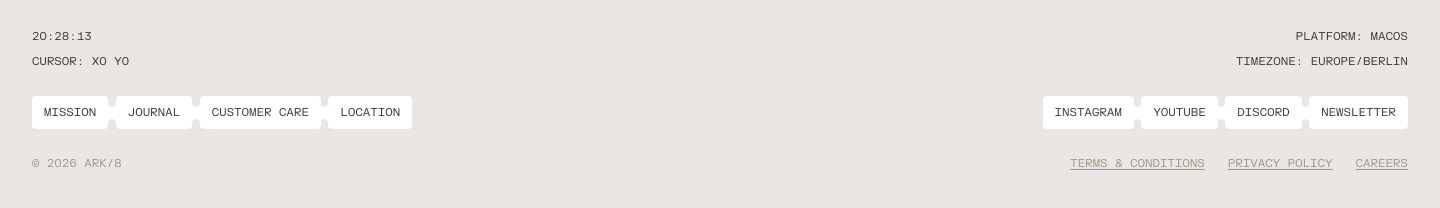 A technical, minimal footer styled like a diagnostic terminal with live cursor tracking, timestamp metadata, and perforated tab navigation.