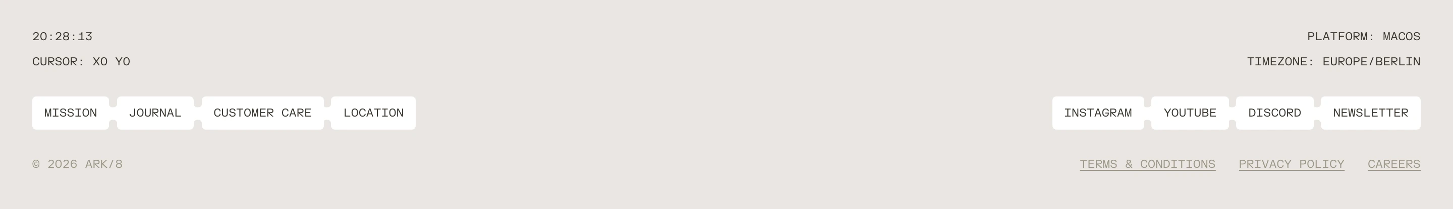 A technical, minimal footer styled like a diagnostic terminal with live cursor tracking, timestamp metadata, and perforated tab navigation.