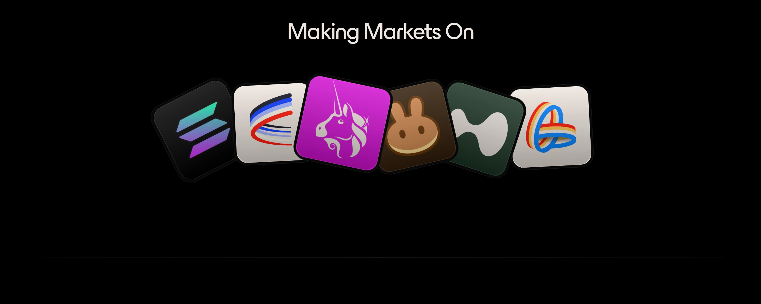 A stark black background framing an overlapping fan of glossy, rounded crypto protocol app icons beneath a clean headline.