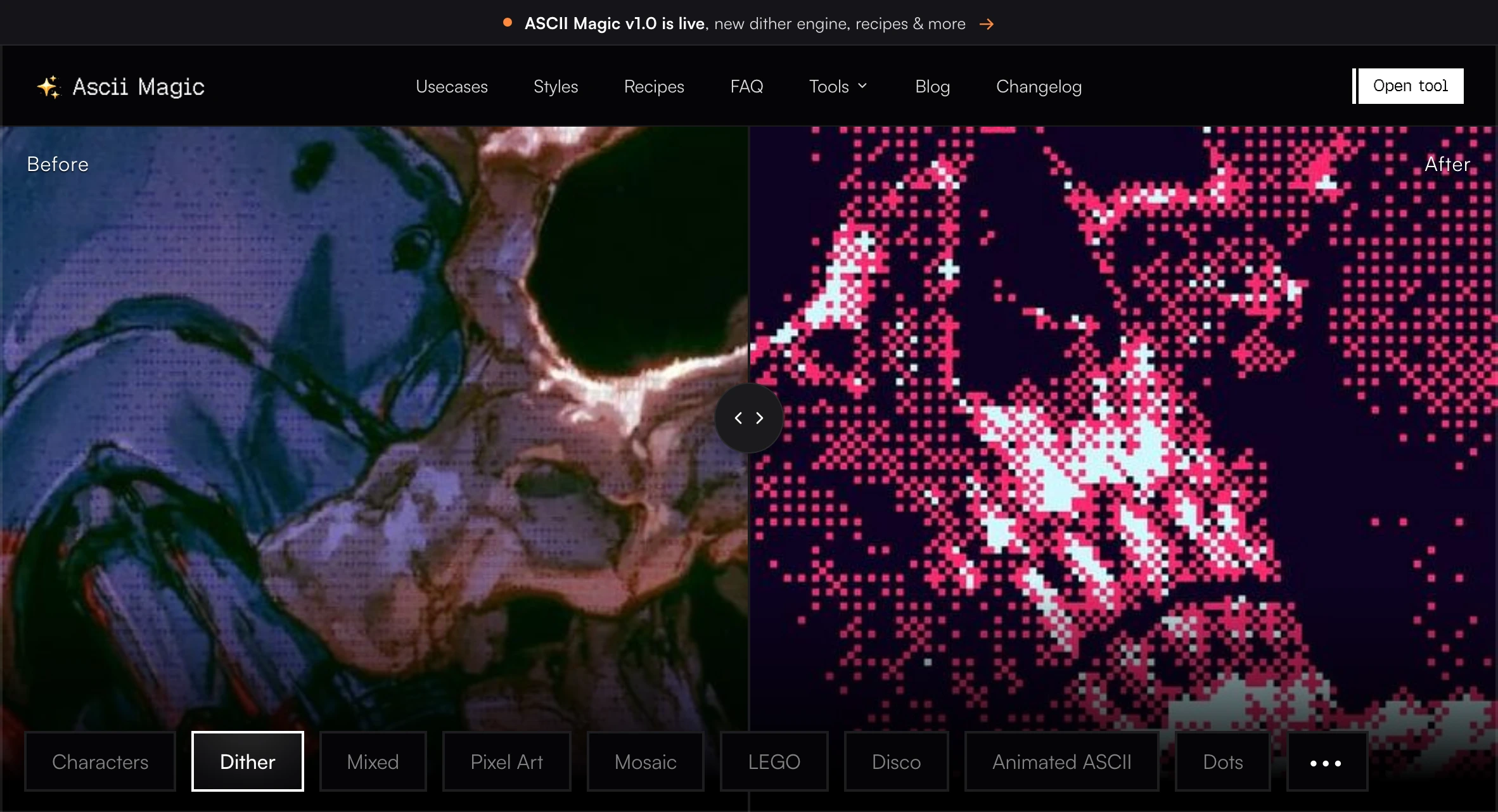 Interactive retro dither visualizer hero immediately demonstrating image transformation tools against a deep black canvas.