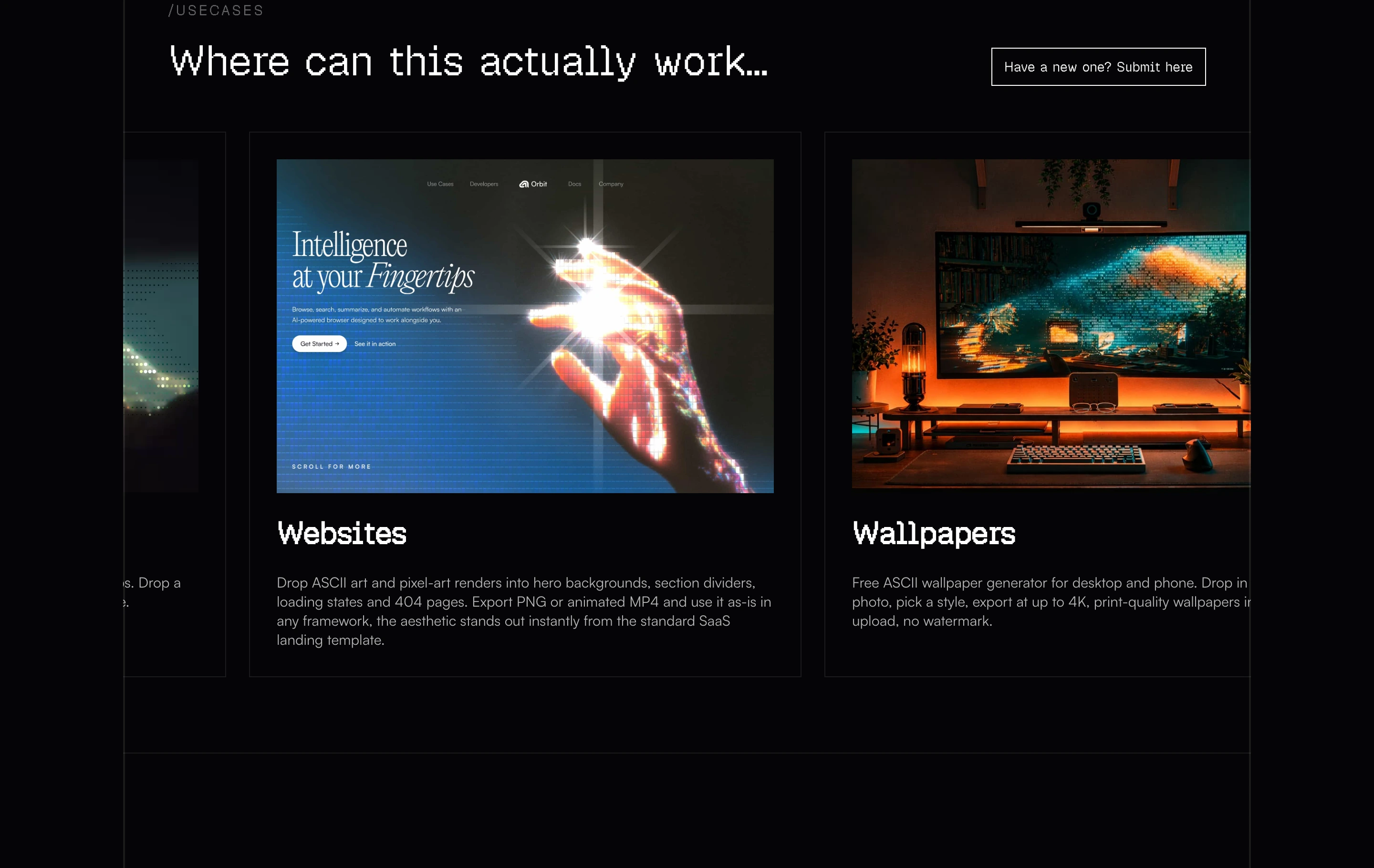 Dark showcase carousel featuring distinctive retro pixel typography over illuminated digital product cards.