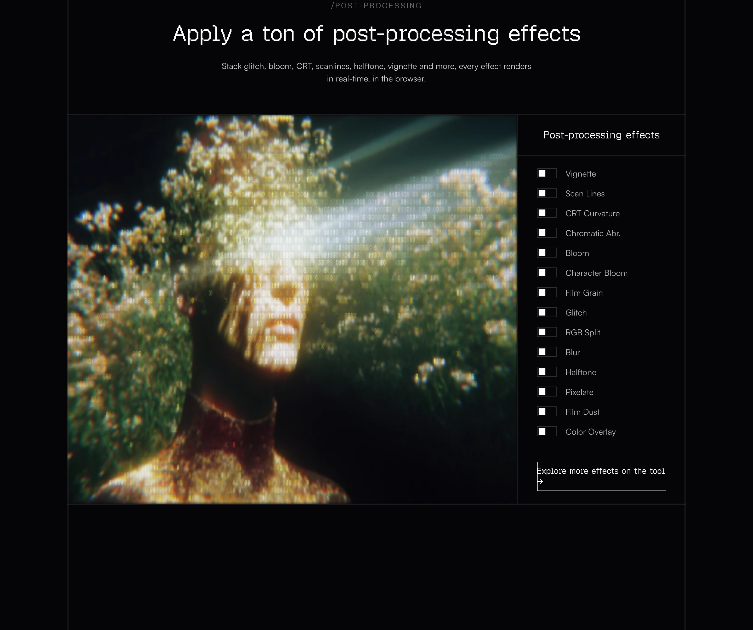 Dark technical feature section pairing a luminous shader portrait with a structured pixel-font post-processing checklist panel.