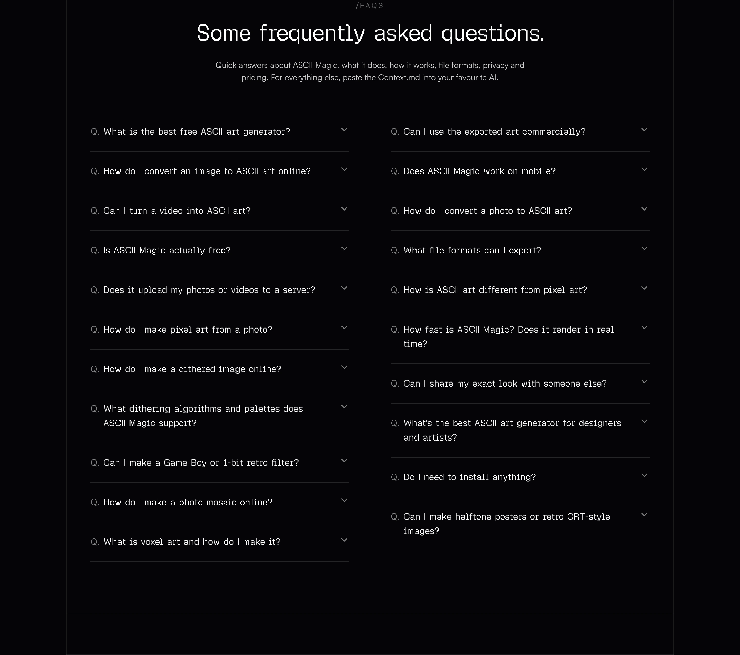A crisp, pitch-black FAQ grid with minimal two-column accordions and subtle pixel font details.