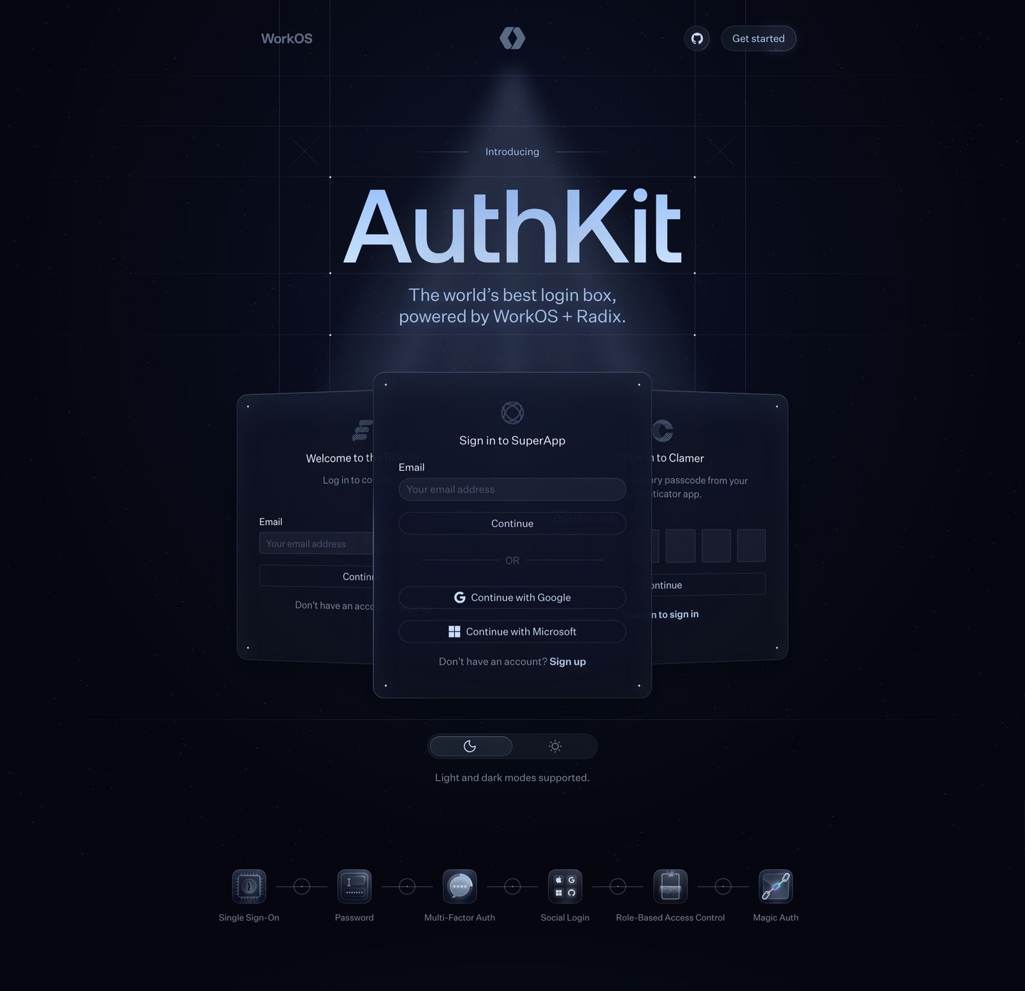 Deep midnight developer tool hero with a focused spotlight illuminating floating glassmorphic authentication cards and subtle technical grid coordinates.