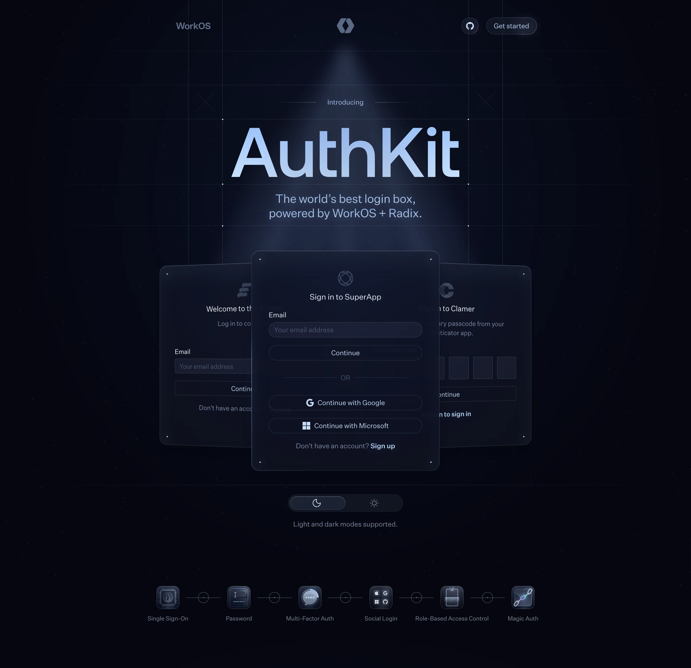 Deep midnight developer tool hero with a focused spotlight illuminating floating glassmorphic authentication cards and subtle technical grid coordinates.