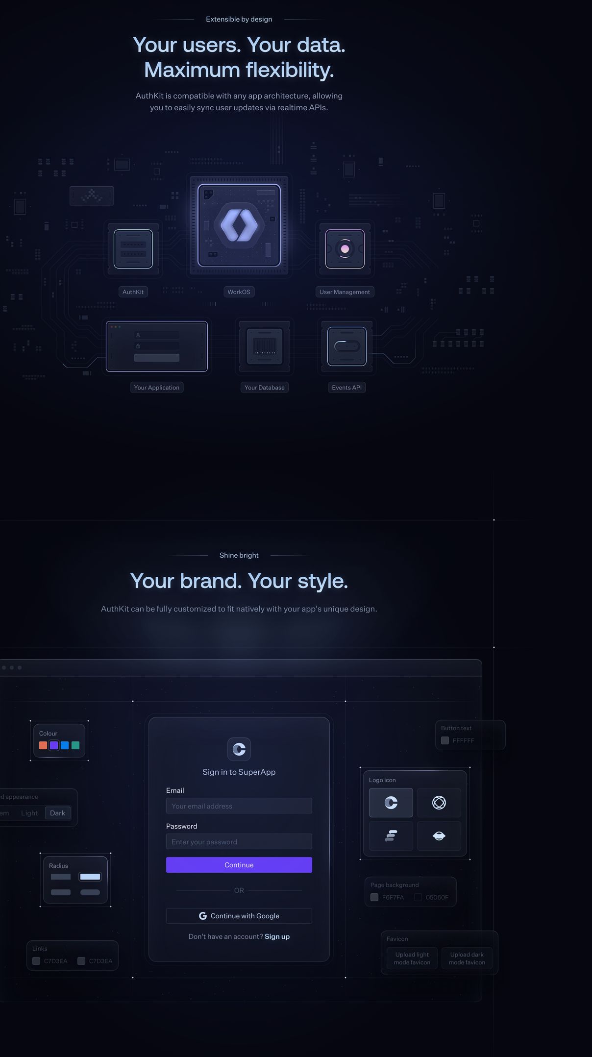 Sleek dark-mode developer showcase featuring intricate circuit schematics and an exploded authentication customization UI.