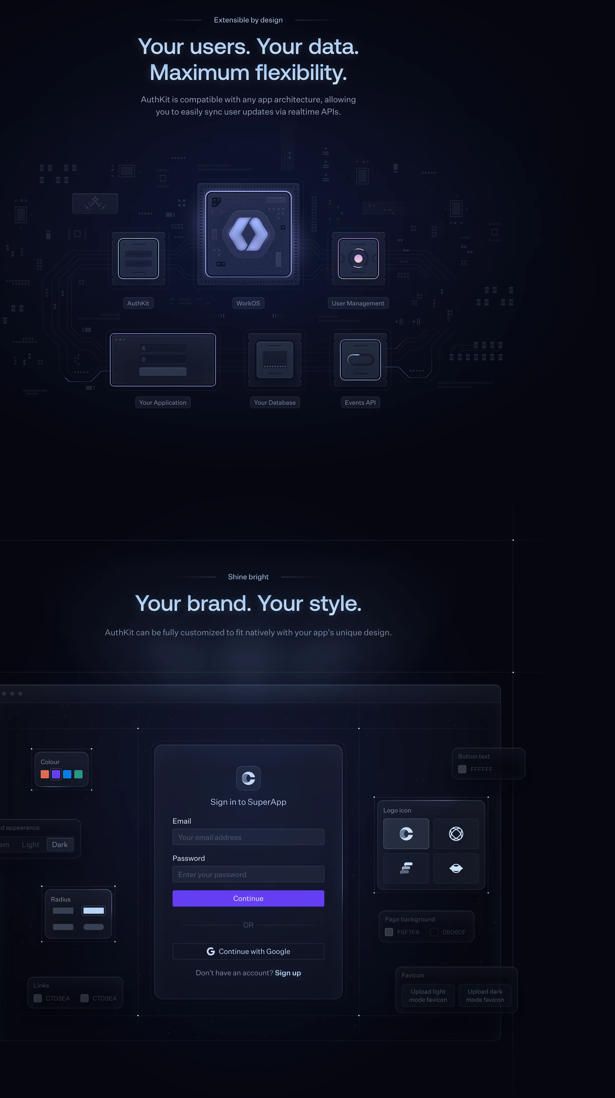 Sleek dark-mode developer showcase featuring intricate circuit schematics and an exploded authentication customization UI.