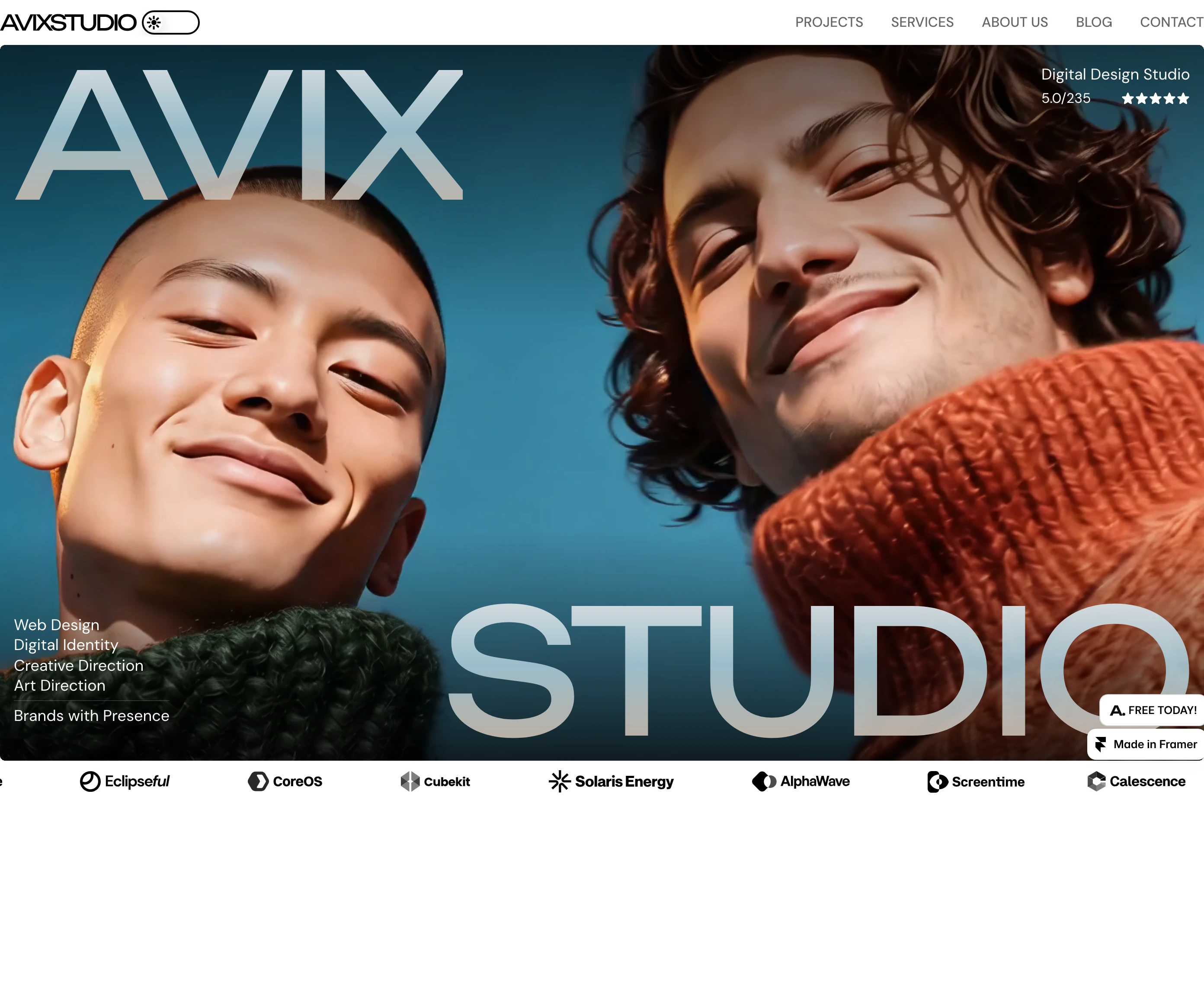 Fashion-forward agency hero pairing bold, oversized typography layered directly across high-energy portraiture with structured magazine layout margins.