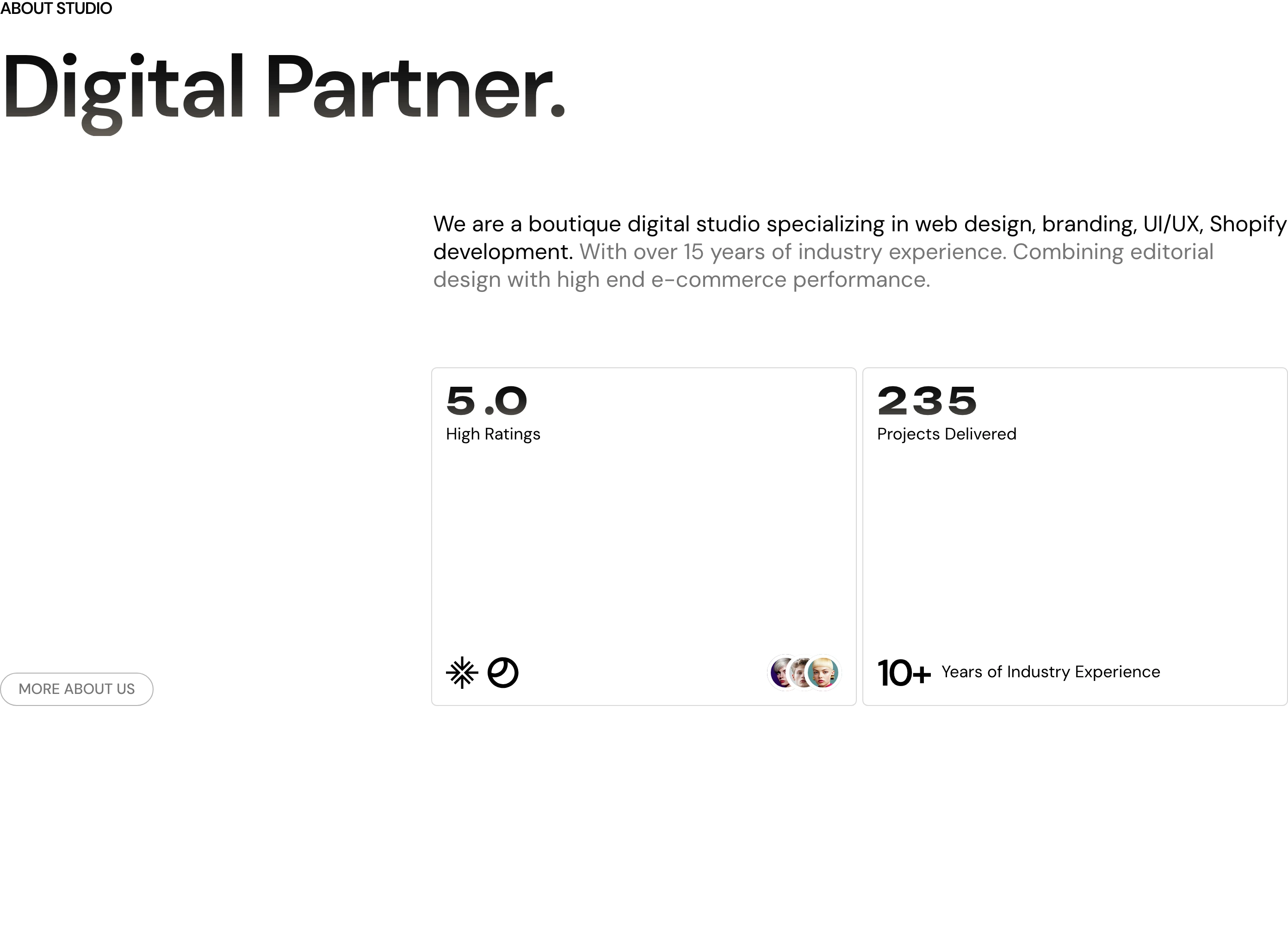 Crisp, airy studio intro pairing an oversized headline with spacious metric cards on a stark white canvas.