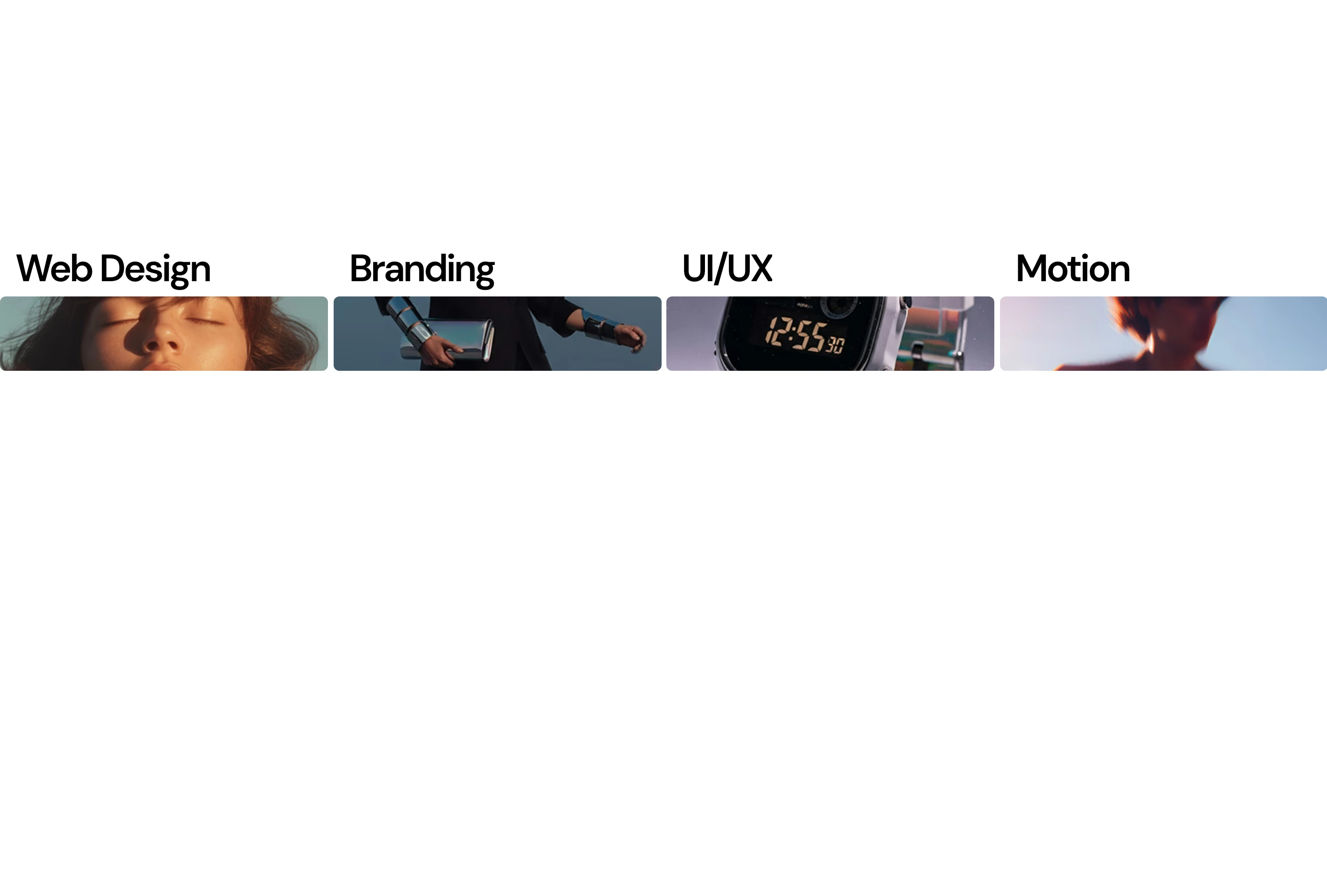 Minimalist service navigation grid presenting design disciplines above cropped photographic preview slivers across expansive white space.
