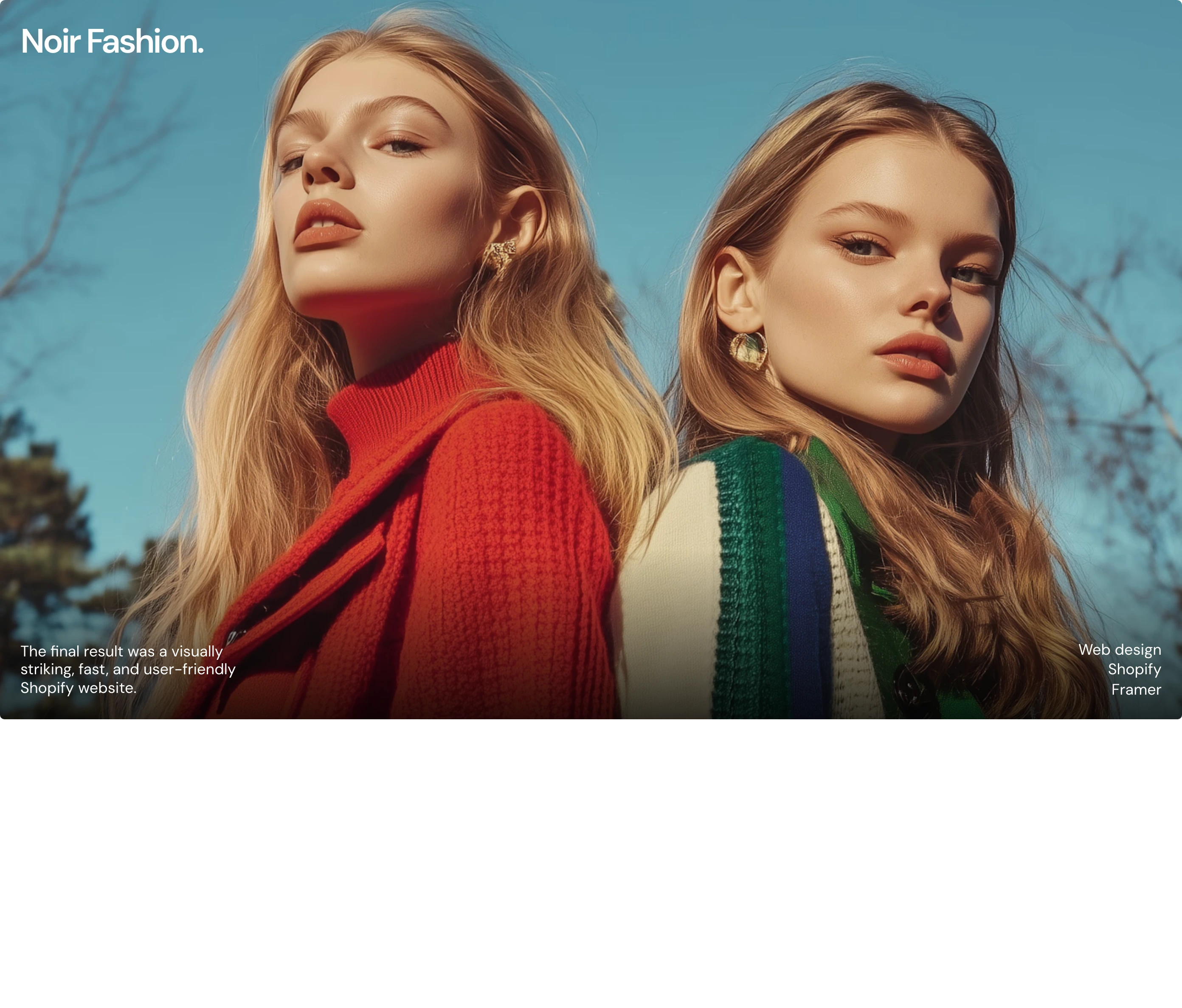 A cinematic editorial case study card anchored by vibrant fashion photography with crisp typographic overlays positioned at the corners.
