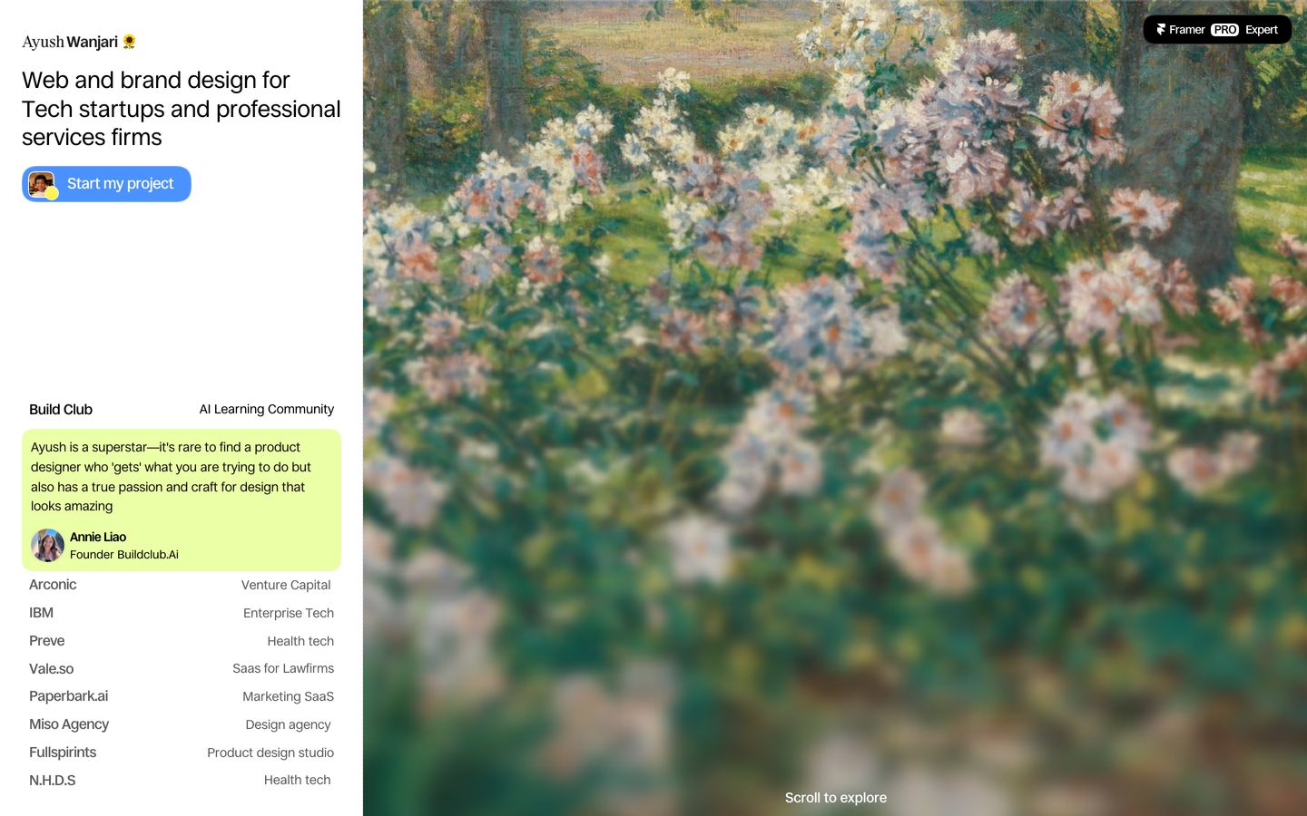 A tranquil split hero pairing an impressionist floral painting backdrop with an editorial portfolio sidebar.