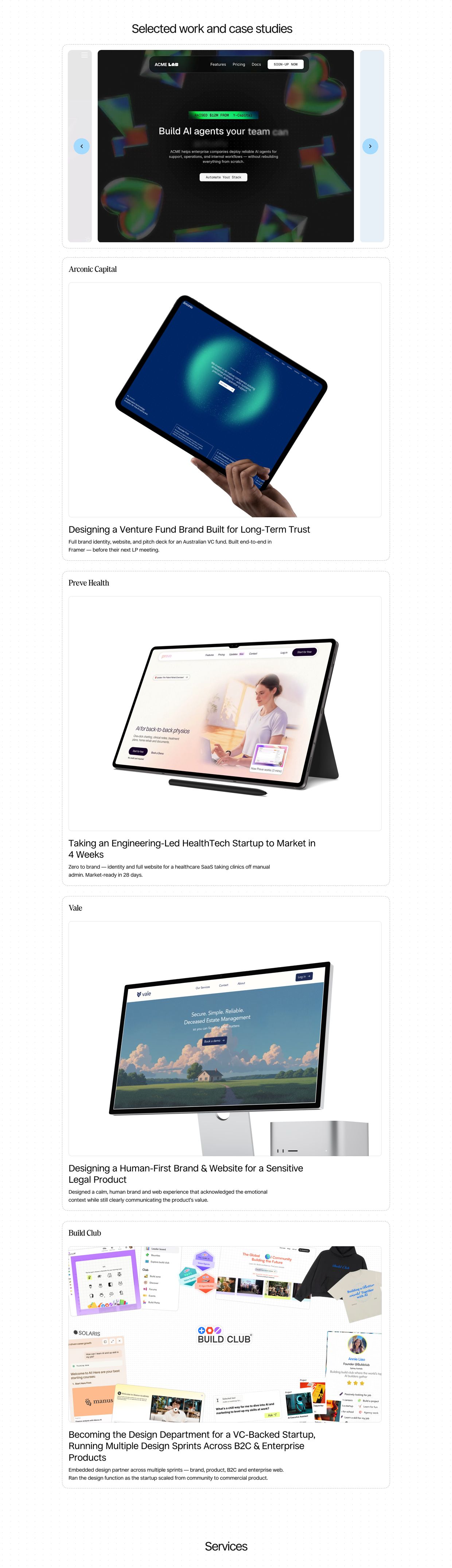 A quiet, airy portfolio gallery presenting studio case studies through clean device mockups and disciplined typography.
