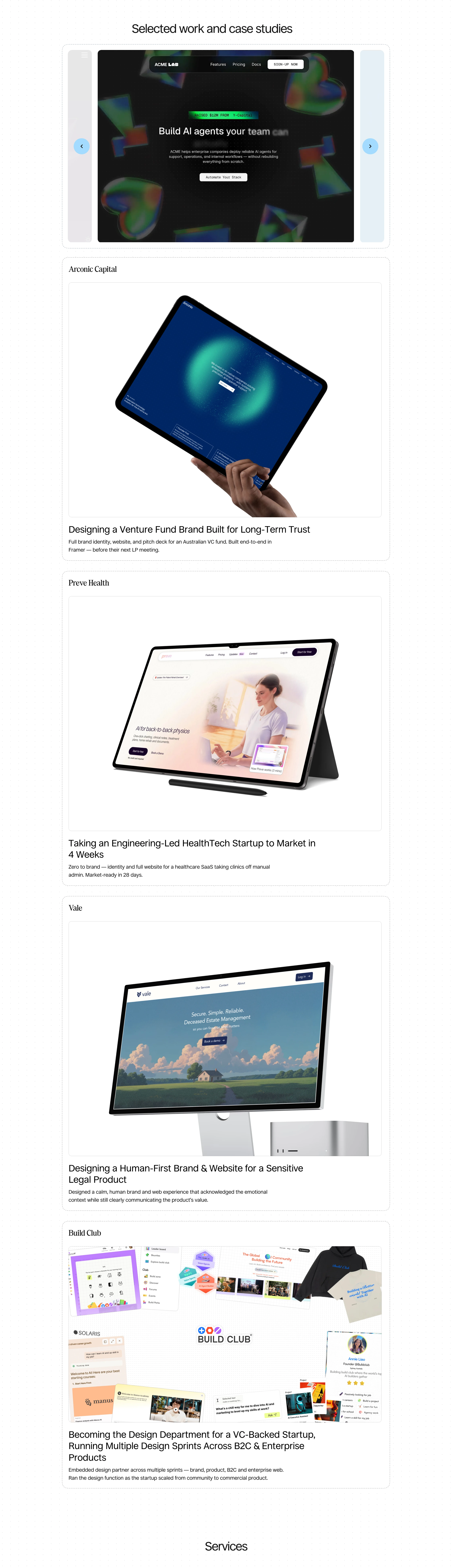 A quiet, airy portfolio gallery presenting studio case studies through clean device mockups and disciplined typography.