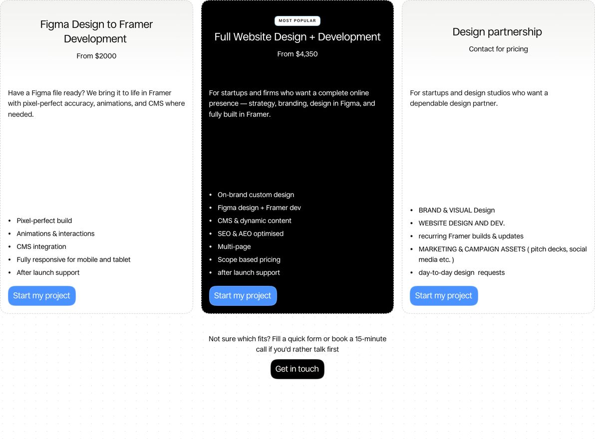 Minimalist three-card pricing section featuring an inverted dark center tier with high-contrast blue call-to-action buttons.