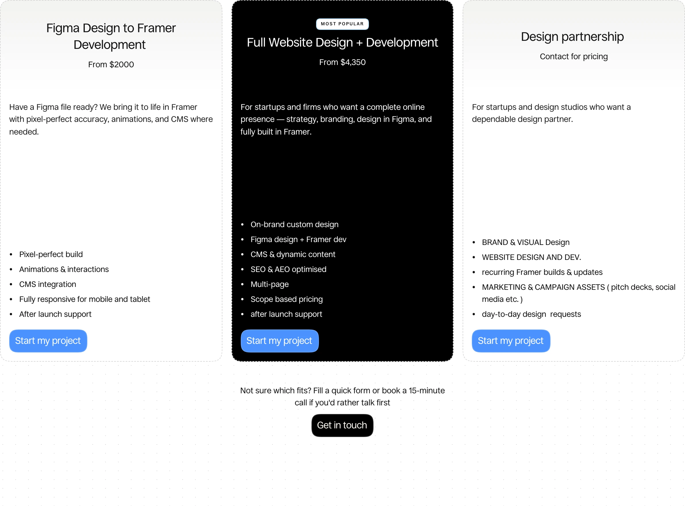 Minimalist three-card pricing section featuring an inverted dark center tier with high-contrast blue call-to-action buttons.