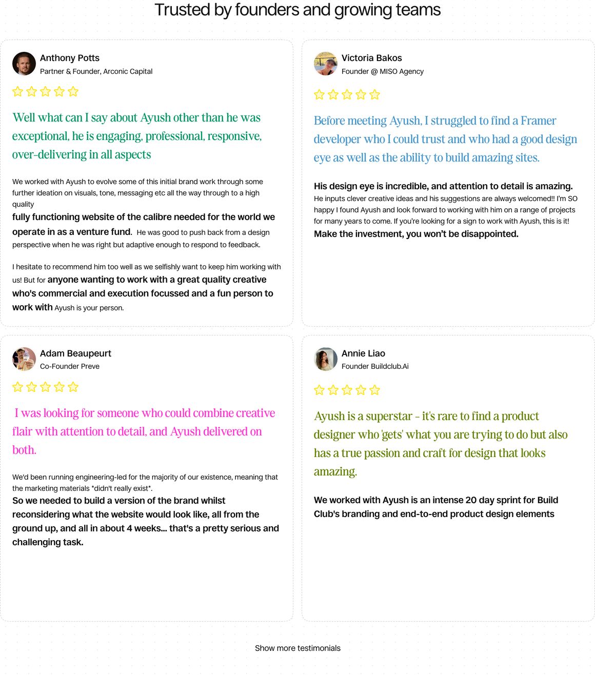 Clean, structured grid of detailed client testimonial cards featuring colorful editorial pull quotes and founder avatars.
