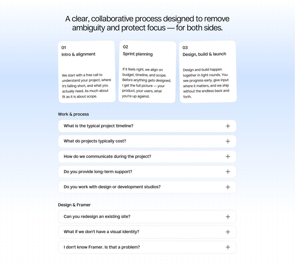 A calm, structured process overview followed by clean FAQ accordions floating over a soft luminous gradient.