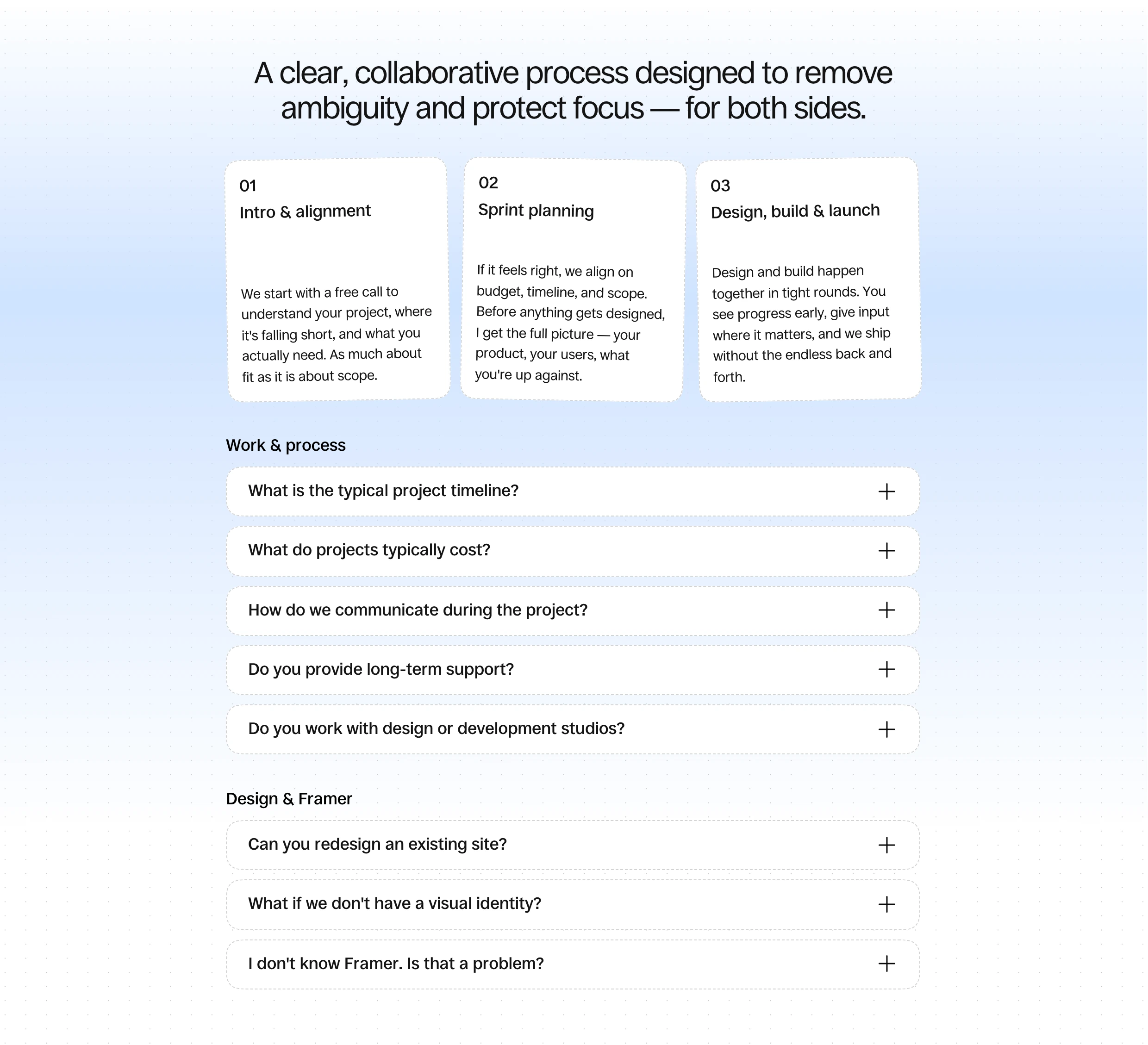 A calm, structured process overview followed by clean FAQ accordions floating over a soft luminous gradient.