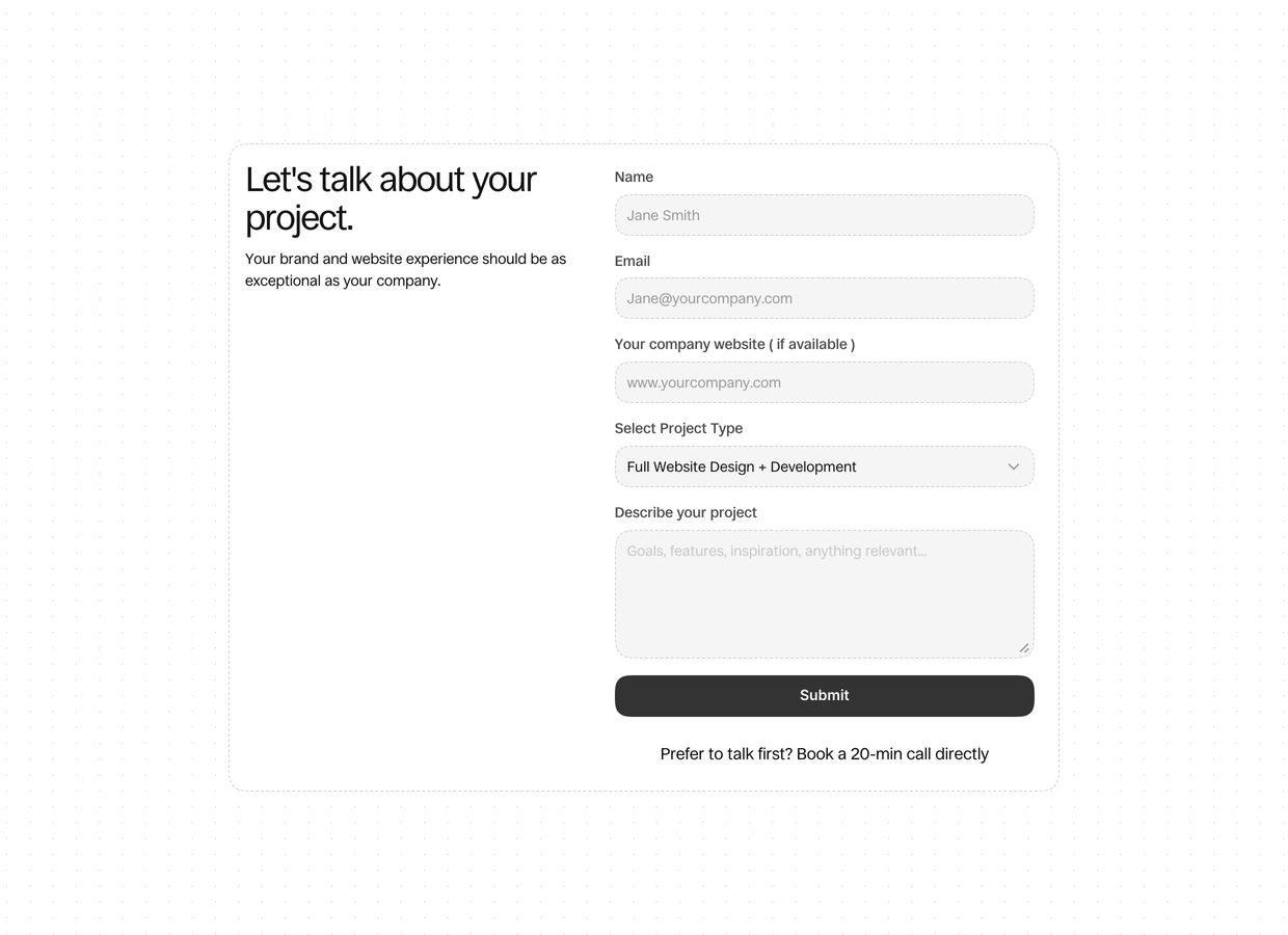 Clean, minimal contact card floating over a subtle dot grid background with quiet typography and structured input fields.