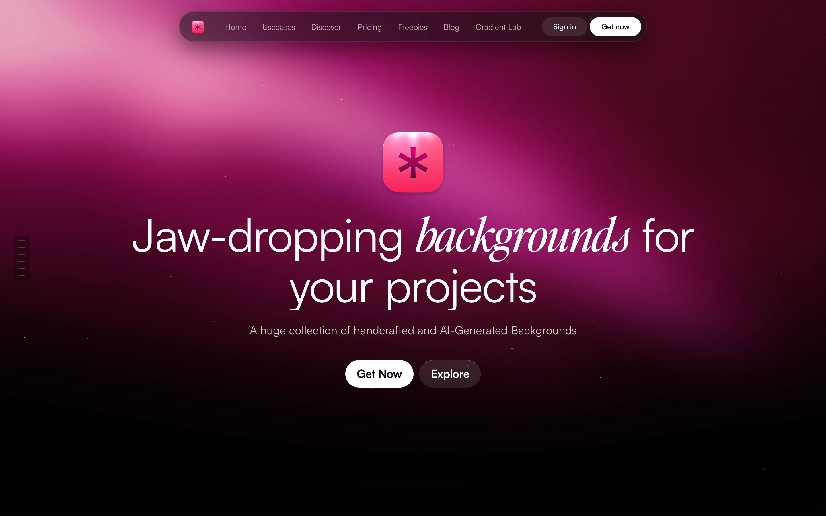 Luminous and ethereal dark hero centered around glowing magenta gradients, sleek pill buttons, and delicate mixed-style display typography.