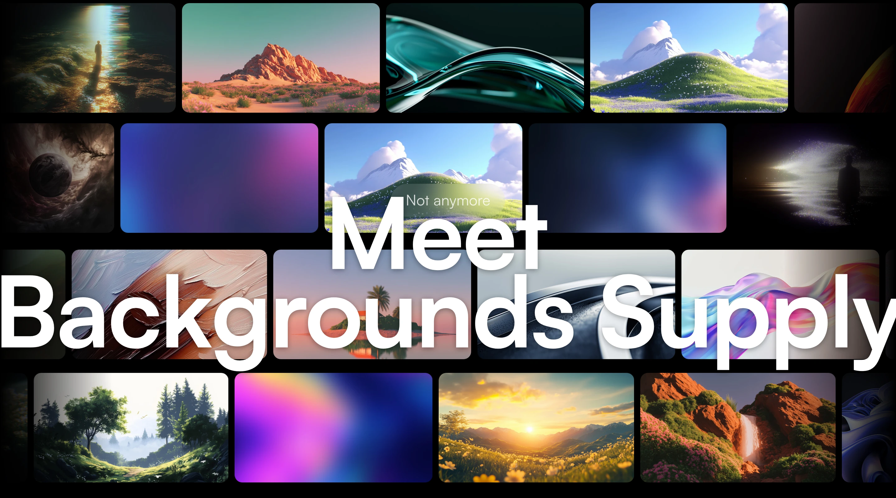 A dense, vibrant mosaic of diverse landscape and gradient thumbnails sits behind massive white headline typography.