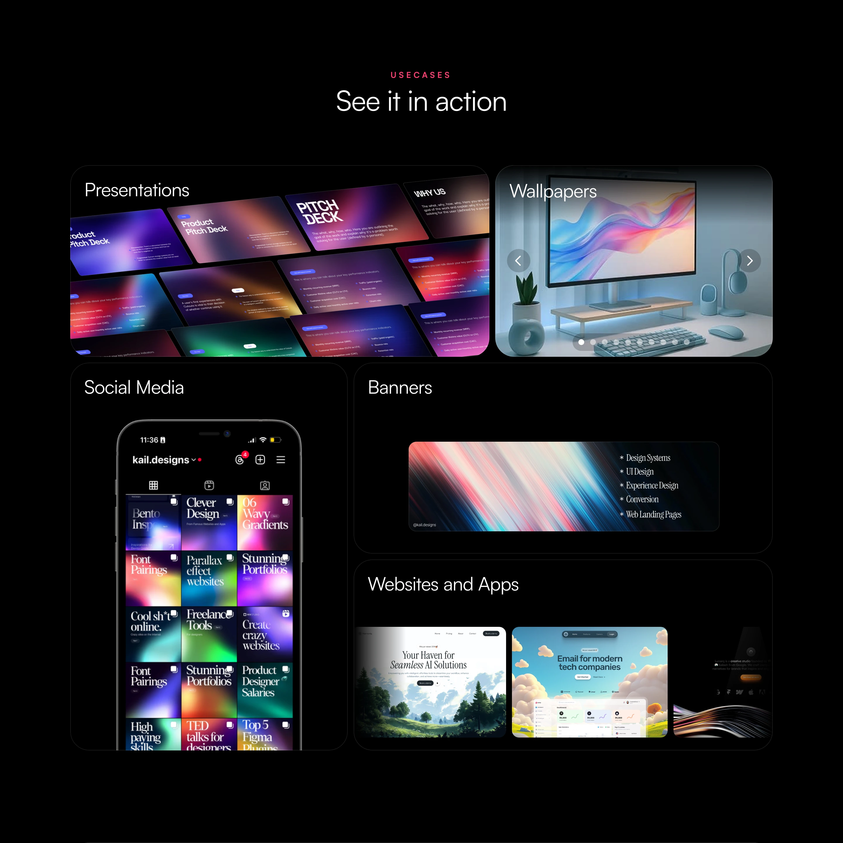 A sleek dark bento grid showcasing vibrant gradient design assets across diverse mockups and digital devices.